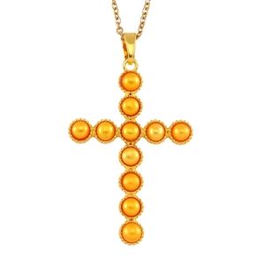 Gold Shell Pearl Cross Pendant Necklace In Goldtone